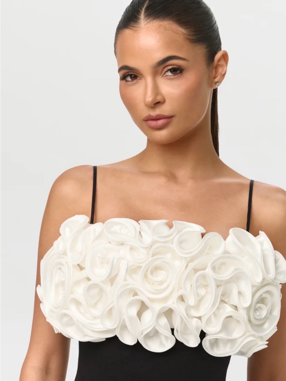 White Floral Bust Black Mini Dress with Spaghetti Straps - Picture 3 of 3